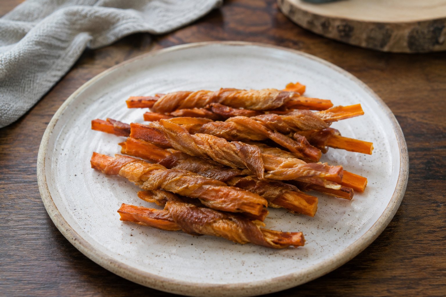 Chicken-Wrapped Sweet Potato Twists: A Chewy Dog Treat Delight